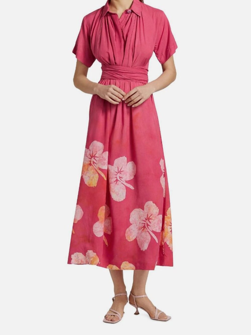 Elisamama Women's Pink Floral Collared Short Sleeve Belted Issa Dress Size Small